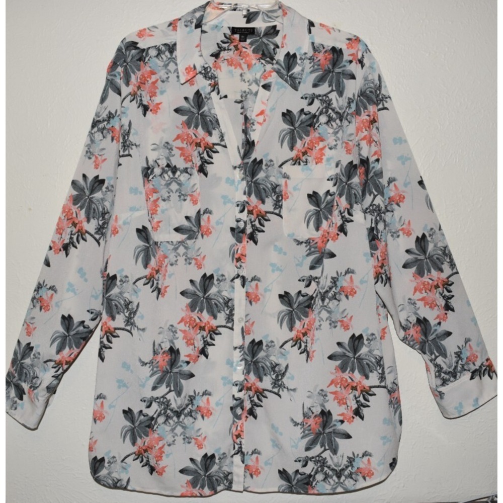 Talbots 3X Button Front Blouse‎ Floral Nantucket Long Roll Tab Sleeve V-neck Top